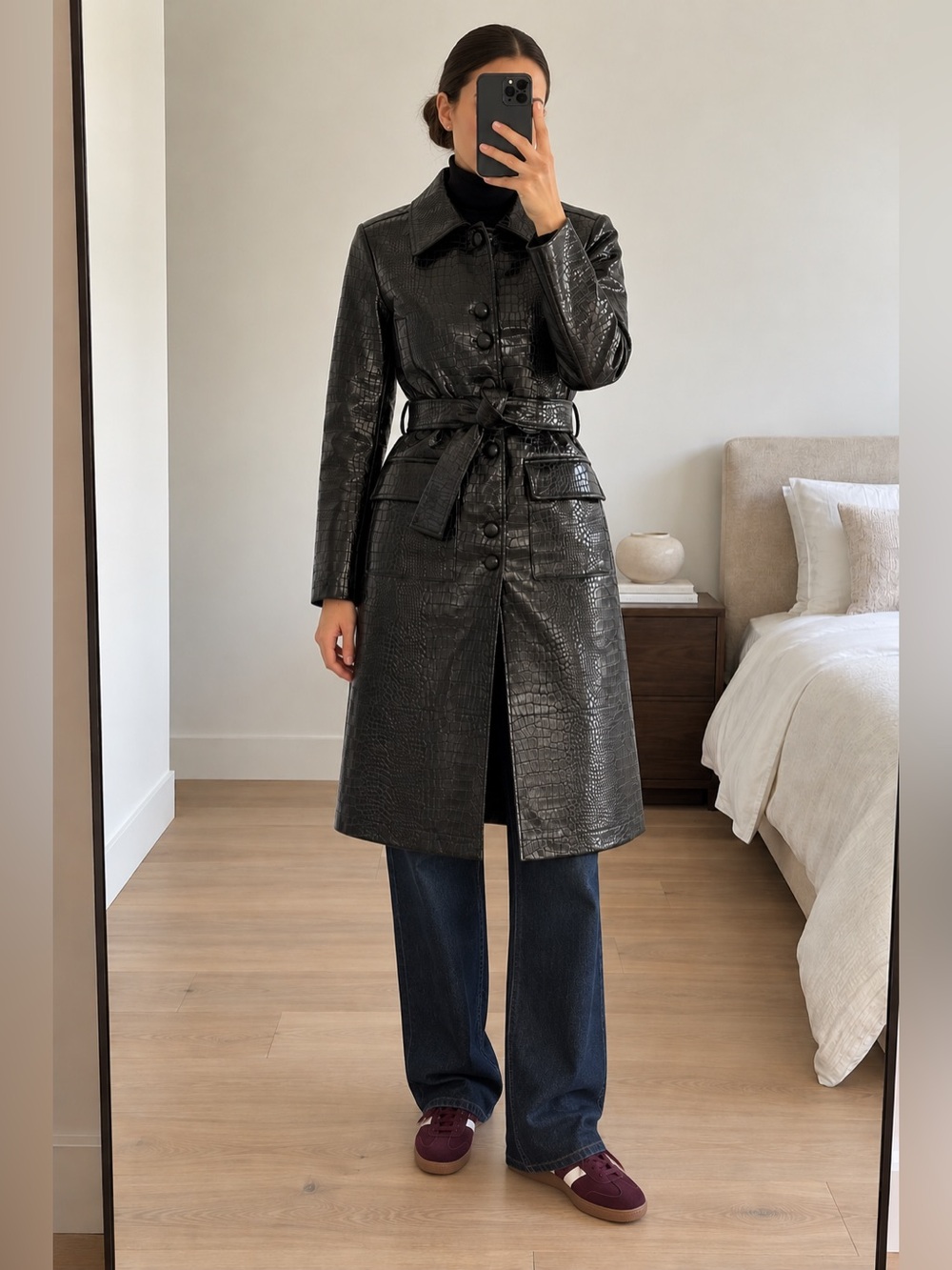 STCOSH Black Croc Embossed Faux Leather Belted Trench Coat Size S NWT